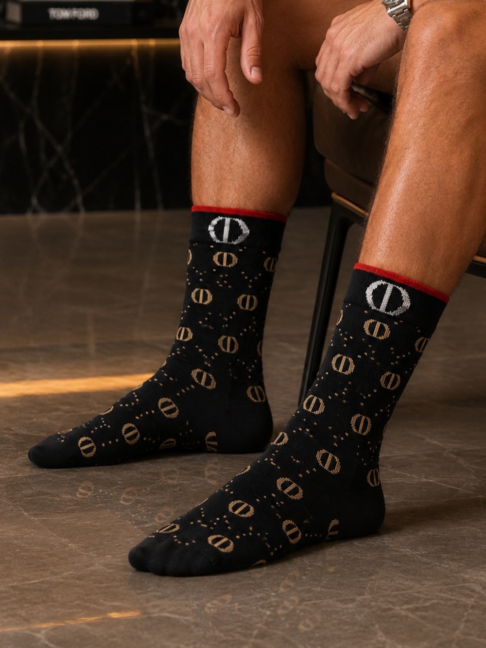 Dior Black Crew Socks with Gold Logo and Red Trim